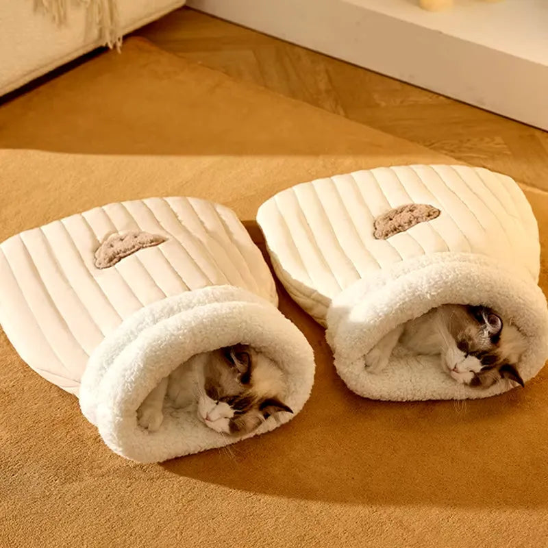 PP cotton fleece pet sleeping bag nest in light brown with bear pattern and 3D entrance