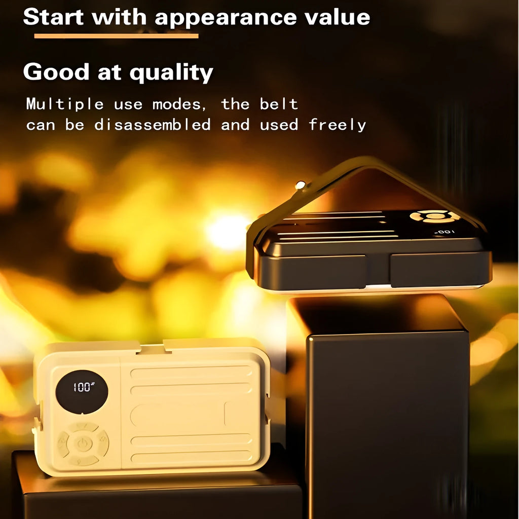 Outdoor waterproof tent camp light with 10000mAh battery, IP63 rating, dual warm and white LED sets, and included hanging accessories.