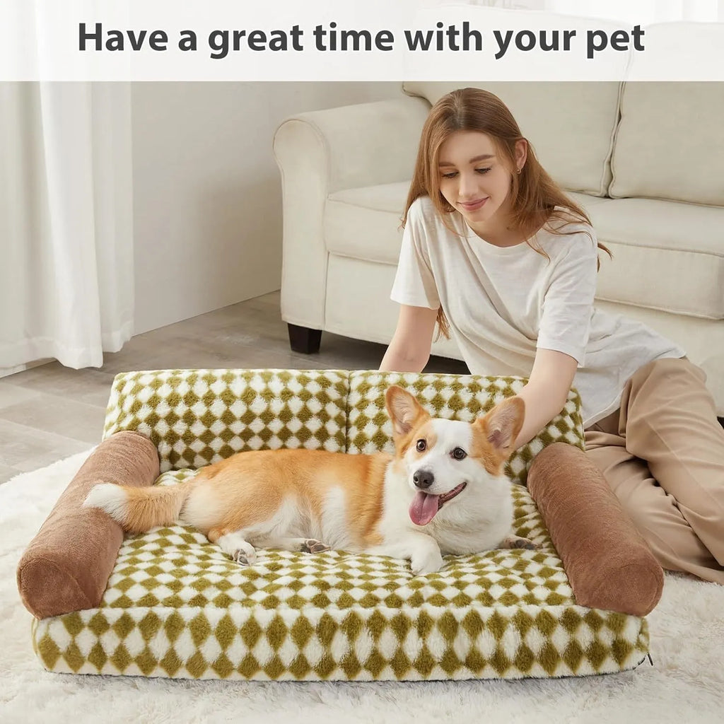 Small grey and white checkered pet sofa bed for a cat, showing non-slip bottom and removable cover.