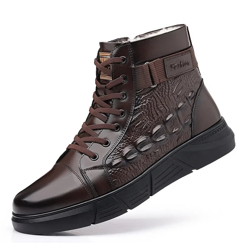Men's black genuine leather snow boots with fur lining, velvet toe accent, and a lace-up front.