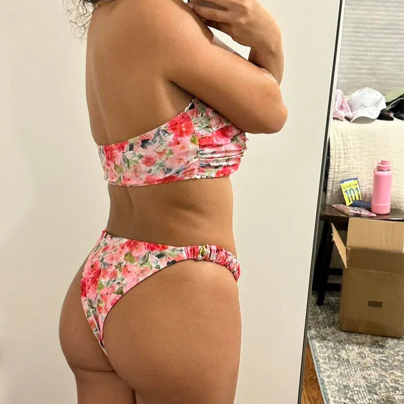 Women's lace print bikini set in blue, pink, yellow, or multicolour floral patterns, sizes S M L.