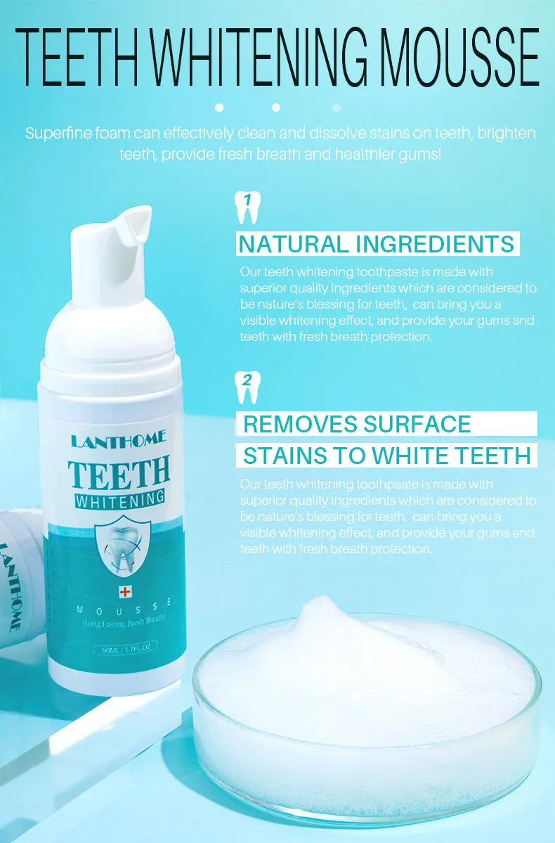 Teeth whitening mousse 50ml oral cleaning foam in white bottle with blue label