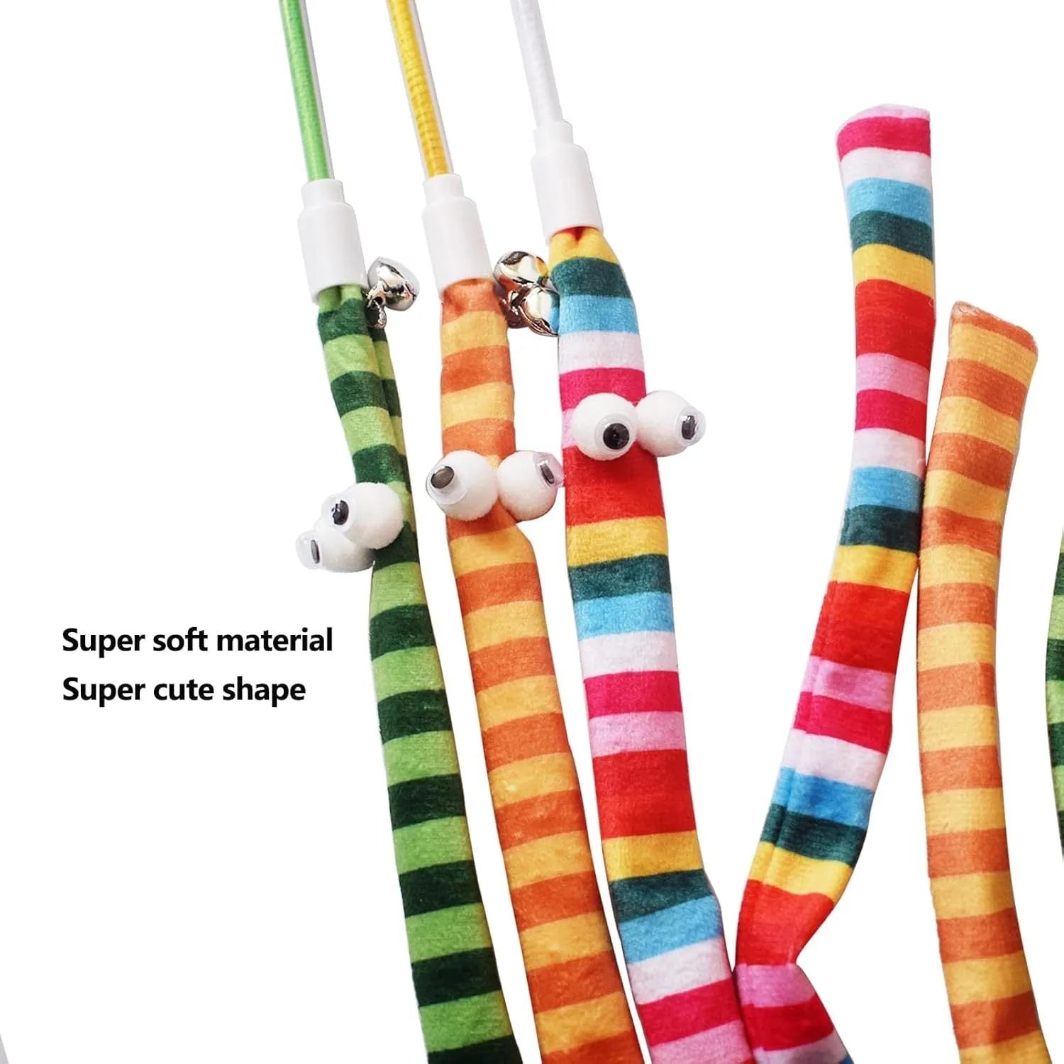 Cat wand toy with colourful plush strip and bell on a polycarbonate pole.