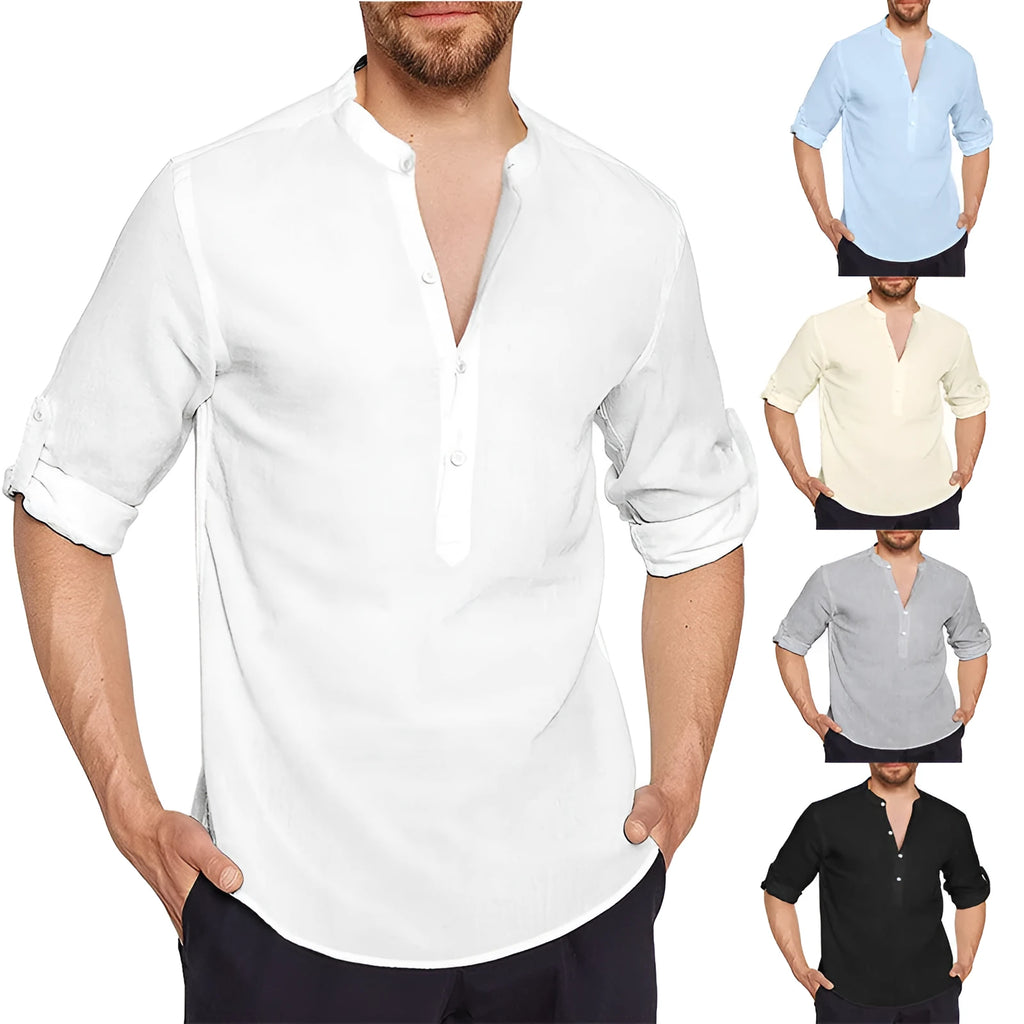 Cotton and linen blend long sleeve loose fit casual shirt in white, black, light blue, grey, or apricot