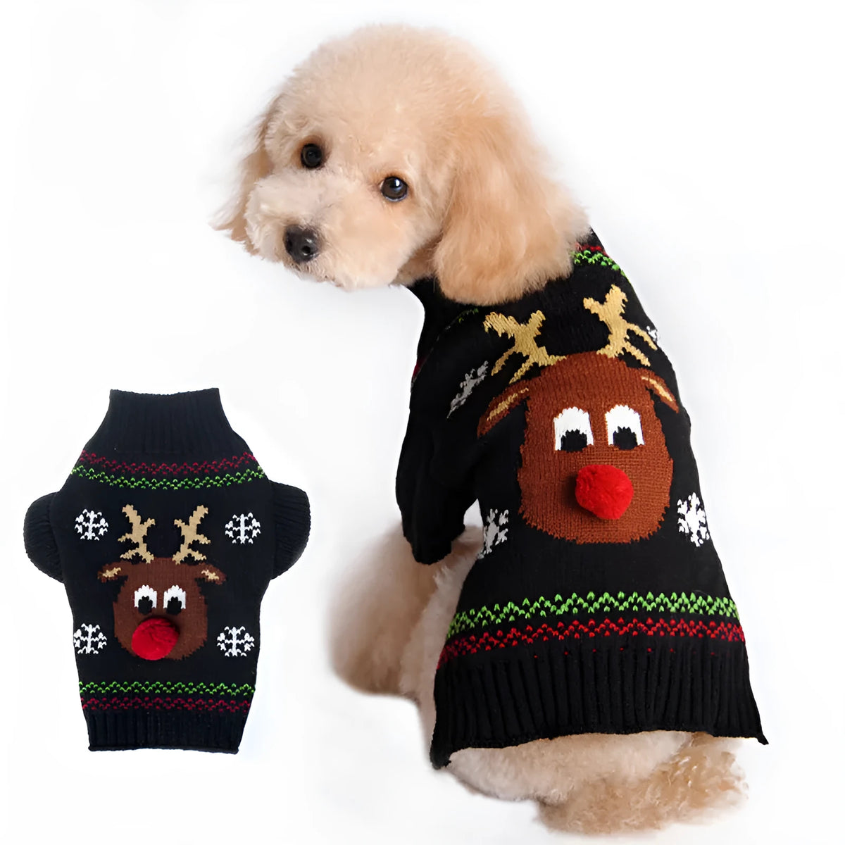 Acrylic Christmas pet sweater for cats and dogs in black and red, sizes XXS to XXL