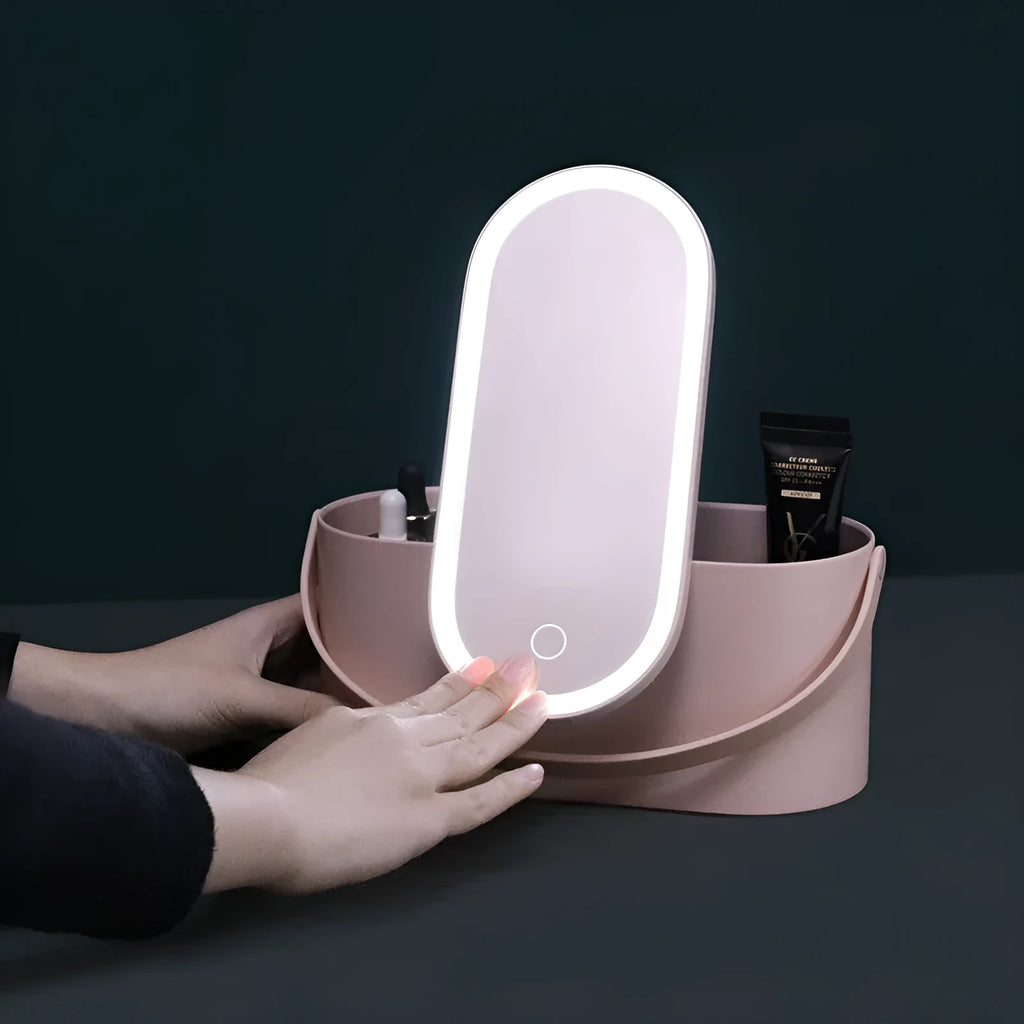 Portable pink makeup mirror storage box with adjustable angle and organiser compartments