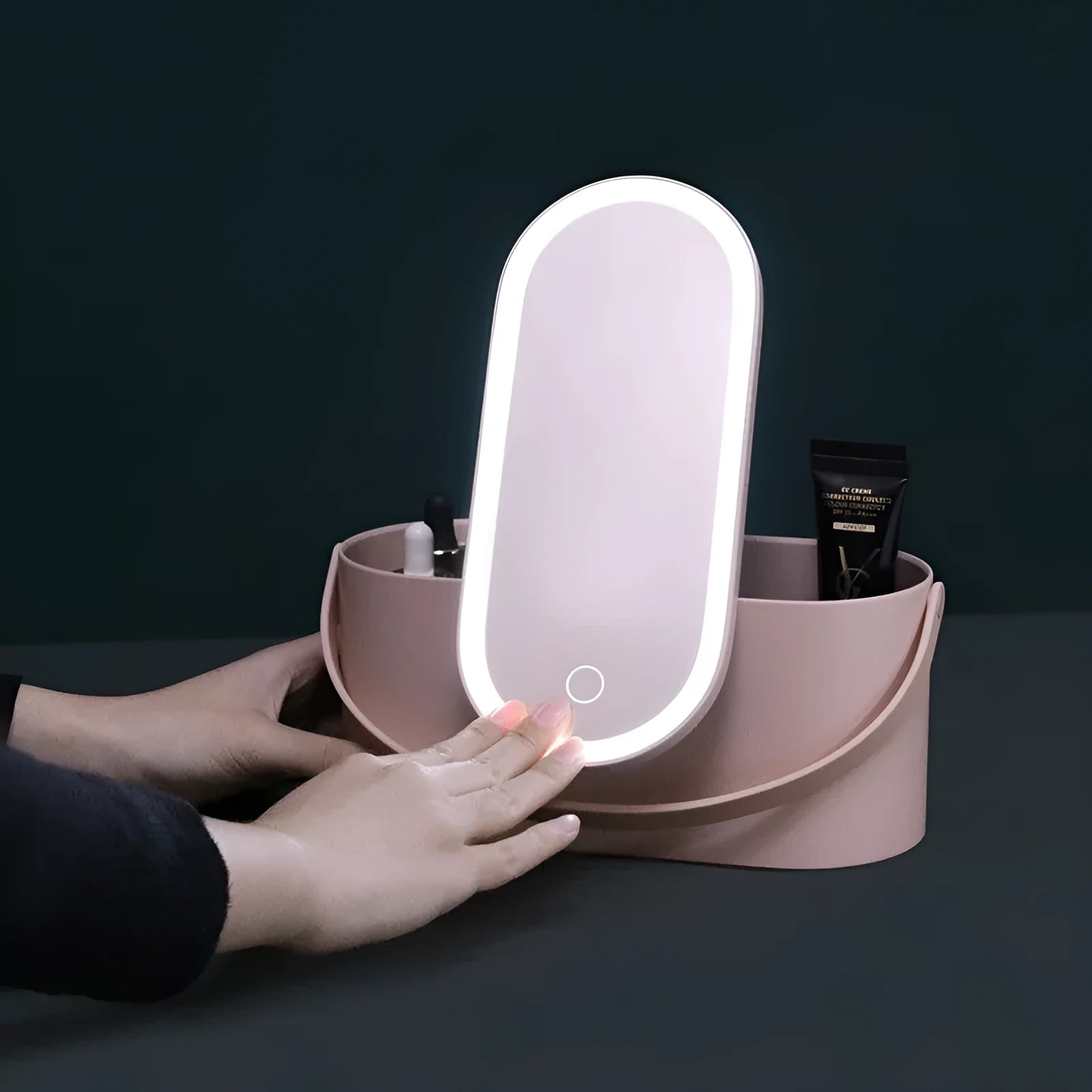 Portable pink makeup mirror storage box with adjustable angle and organiser compartments
