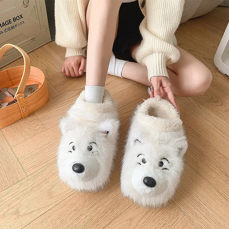 Grey ankle wrap plush slippers with artificial wool lining and a non-slip sole.