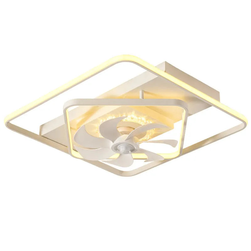 Modern ceiling fan with integrated light fitting, plastic blades, acrylic lampshade, 1100x700mm size.