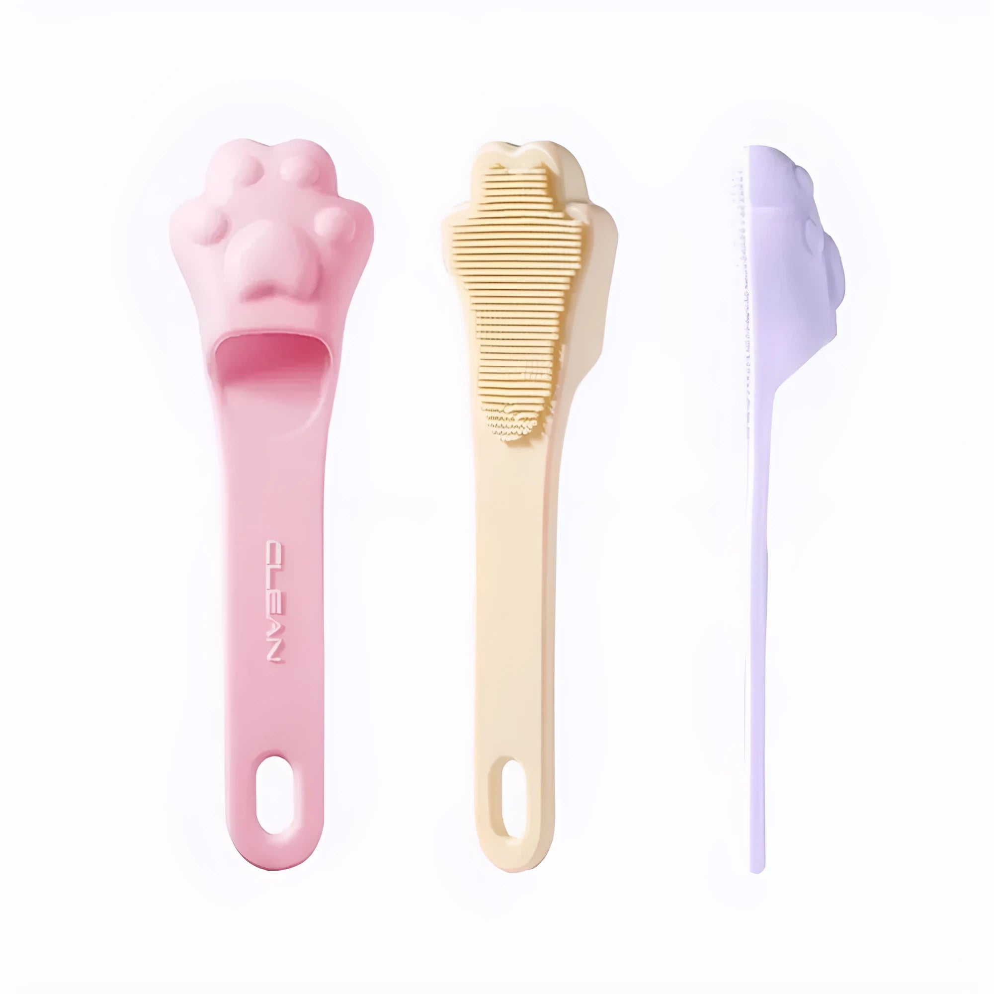 Silicone fingertip toothbrush for pets in pink, purple, and yellow, shown on a finger.