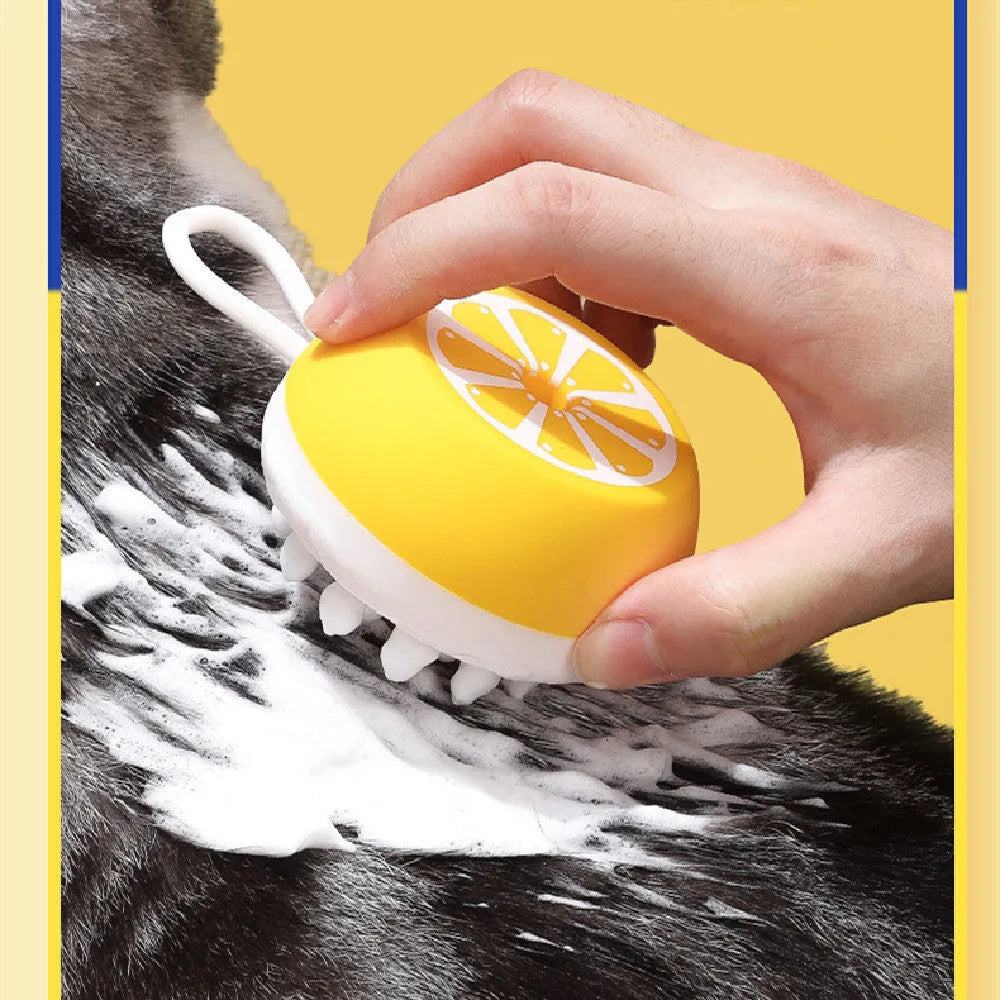 Soft silicone pet bath brush in yellow colour with 3D massage head design for dog and cat grooming