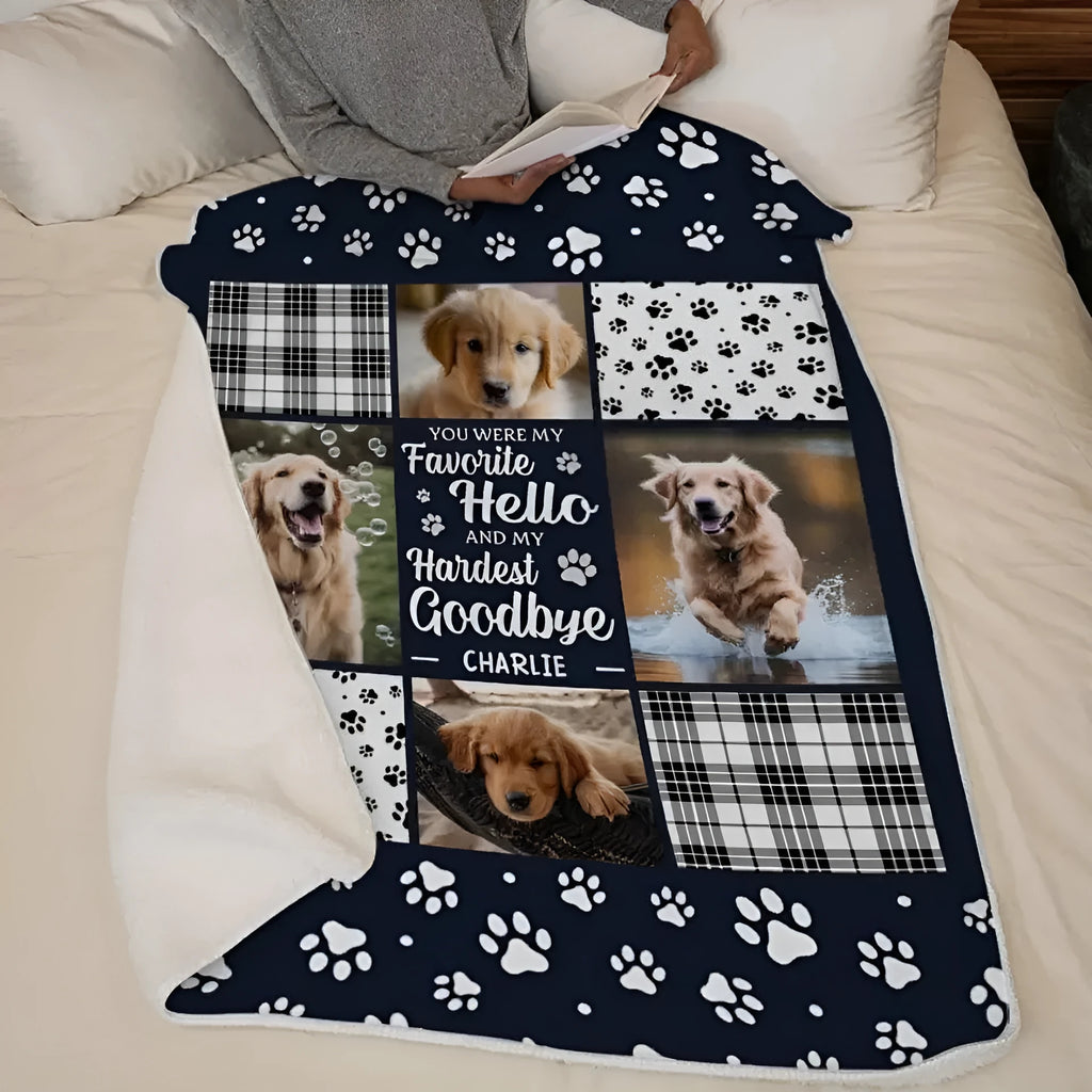 White flannel dog blanket with creative design shown in three size options