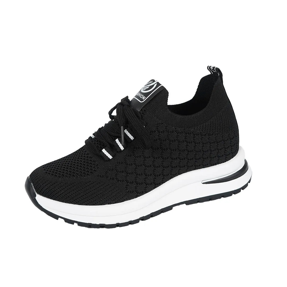 Women's black and white mesh platform sneakers with lace-up front and rubber sole