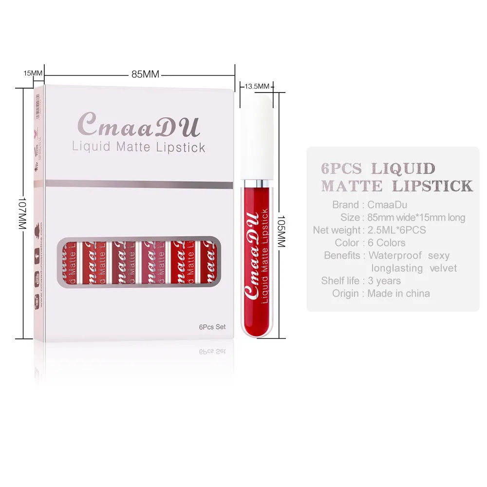 Six boxes of matte non-stick waterproof lip gloss, each 2.5mL, with multivitamin formula on white background