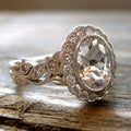 Round zircon ring with diamond copper plating in white gold colour on finger