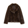 Brown women's double-sided faux fur effect jacket coat with faux fur collar, long sleeves, 50cm length, sizes XS to L