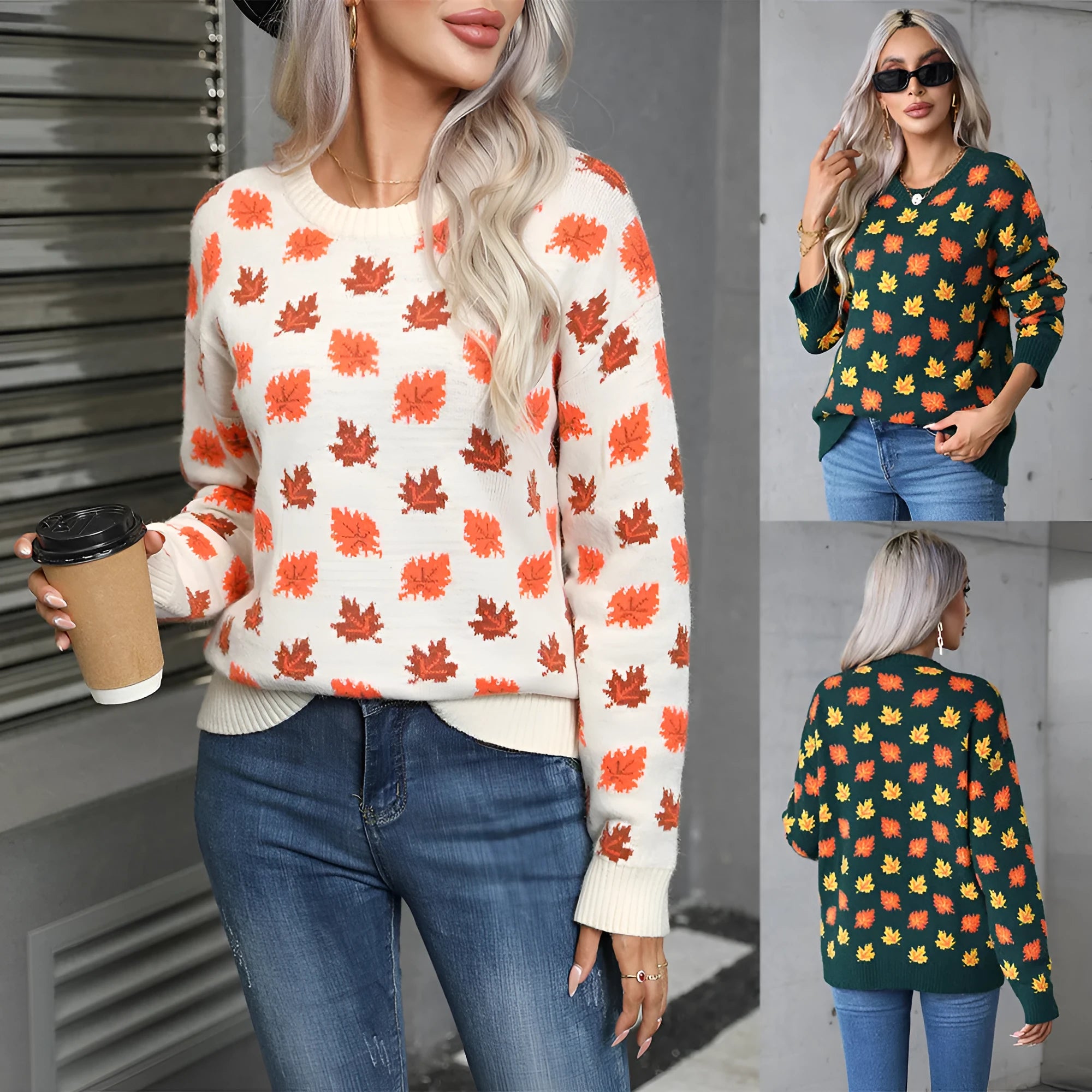 Loose fit beige Christmas sweater with a large dark maple leaf print on the front.