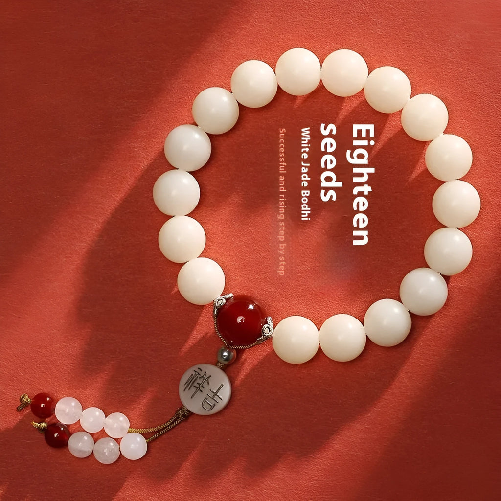 White jade bodhi couple bracelet with 10mm beads and Ruyi charms in national style design