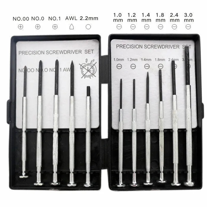 TH-6177 11-piece clock repair screwdriver set with cross and slotted bits in a case.