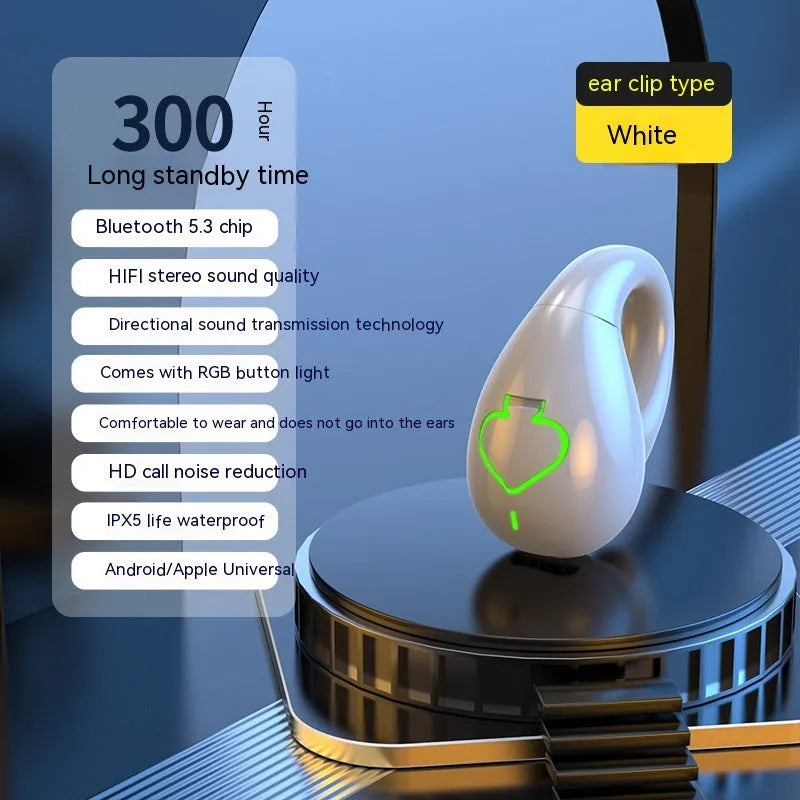 Clip-on Bluetooth headset in black or white, non in-ear, with 4-8 hours battery life
