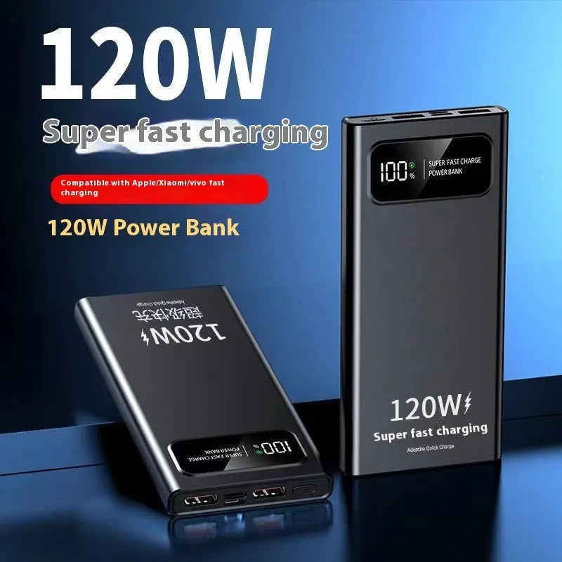 120W 20000 MA power bank in cool black with fast charge capability, compact size 141x66x16mm