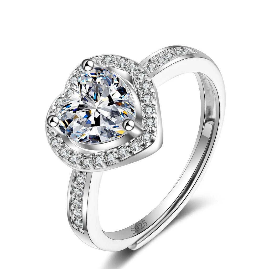 Heart-shaped adjustable open copper ring for women in pink, white, red, blue, green, or purple diamond colour design