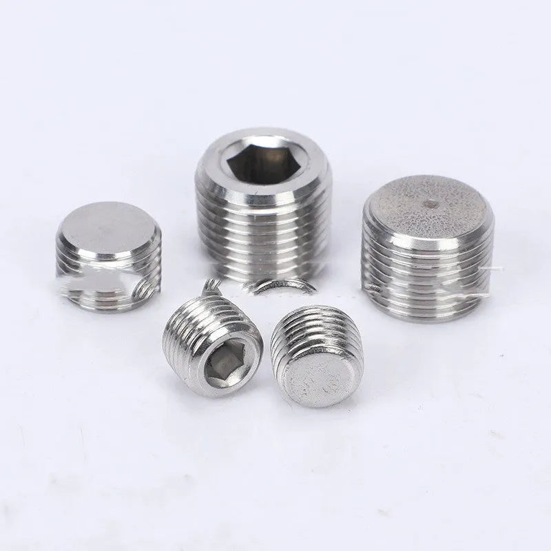 Stainless steel hexagon pipe plug for 3/8-inch bulkhead connections.