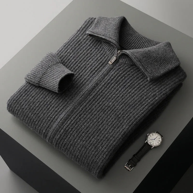 men's wool zipper cardigan fall winter lapel shirt coat pure wool knitted jacket long sleeve standard wool dark gray black S M L XL XXL 3XL adult male youth casual wear daily use cold season office layering piece non-iron finish