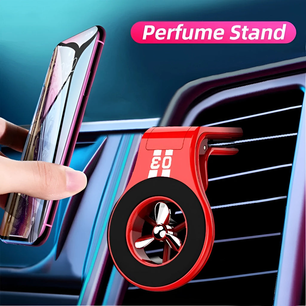 Magnetic car air vent phone holder with rotating paddle and fragrance slots in black, blue or red colour