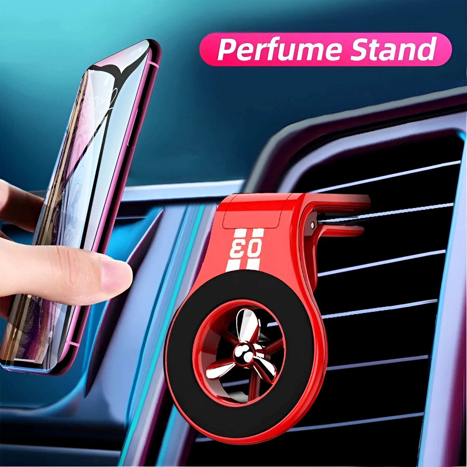 Magnetic car air vent phone holder with rotating paddle and fragrance slots in black, blue or red colour