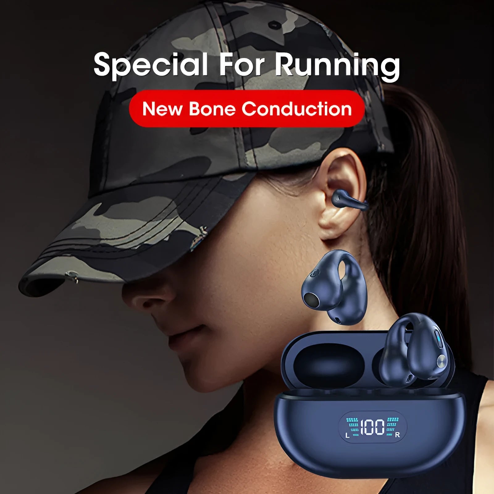 Q80 clip bone conduction Bluetooth headset in black, white, or khaki, showing ear clip design.
