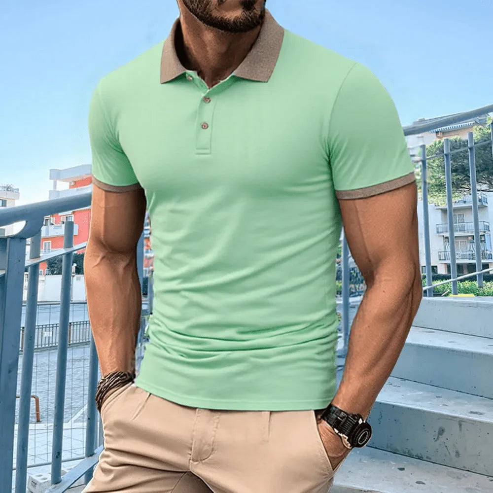 Men's summer polo shirt in ice silk fabric with flocking print design on high collar
