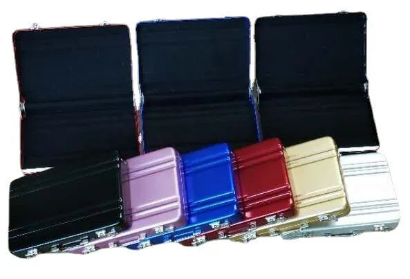 Slim red aluminium alloy metal card holder for credit cards and ID.