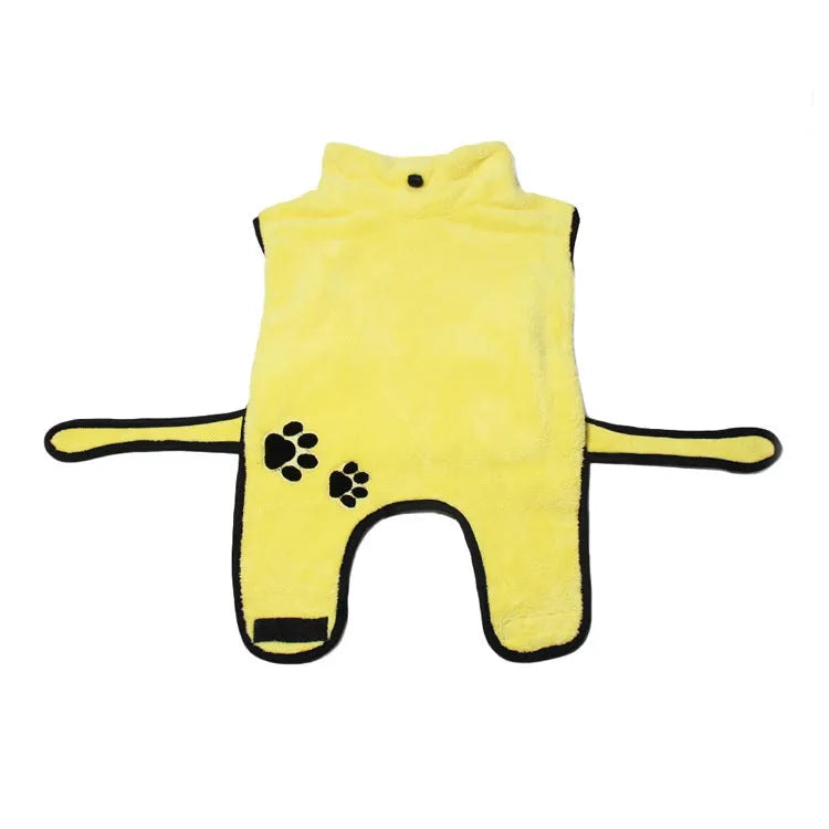 Yellow coral fleece pet pajamas with embroidered bathrobe design on a light background