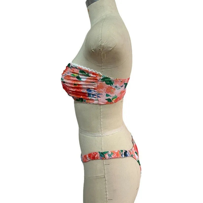 Women's lace print bikini set in blue, pink, yellow, or multicolour floral patterns, sizes S M L.