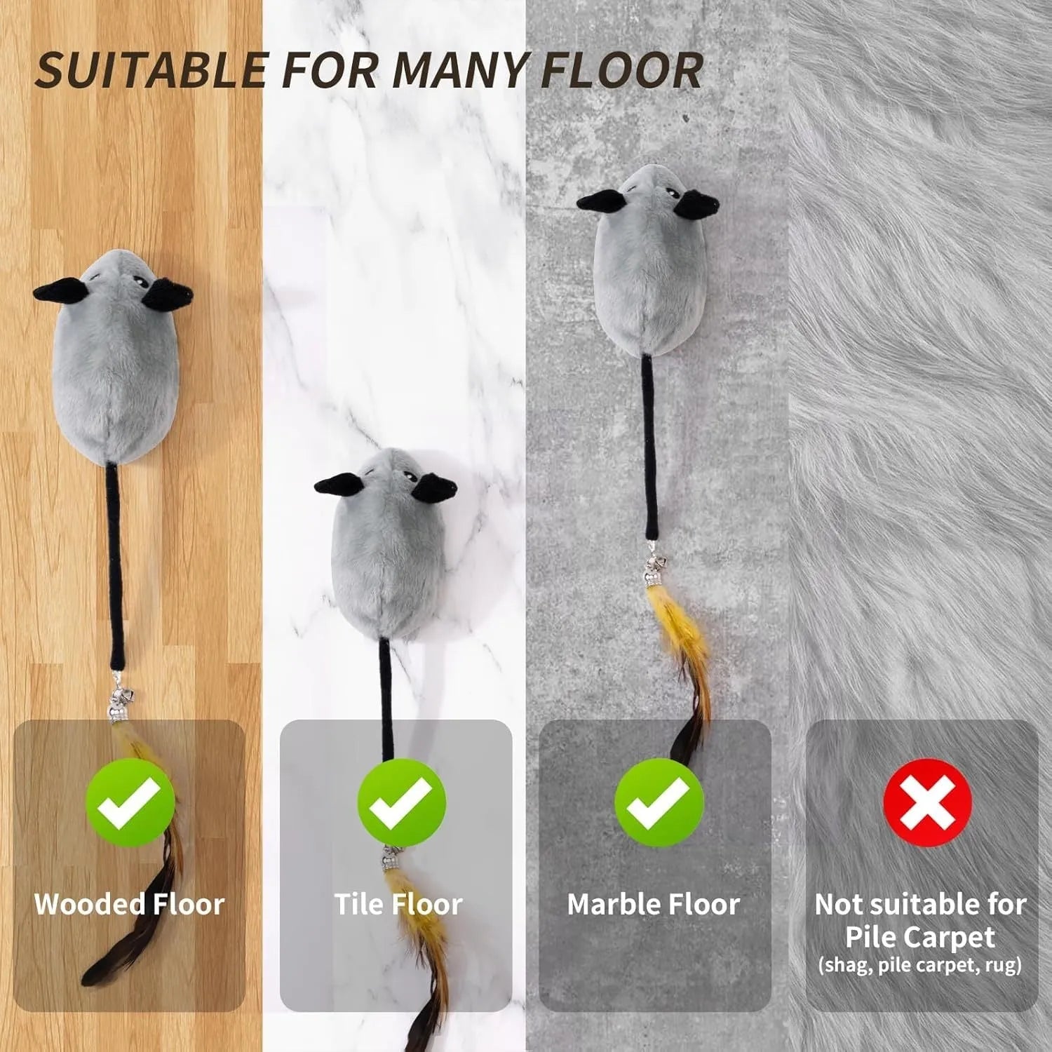 Interactive electric cat mouse toy with removable feather tail shown in grey and yellow colour options