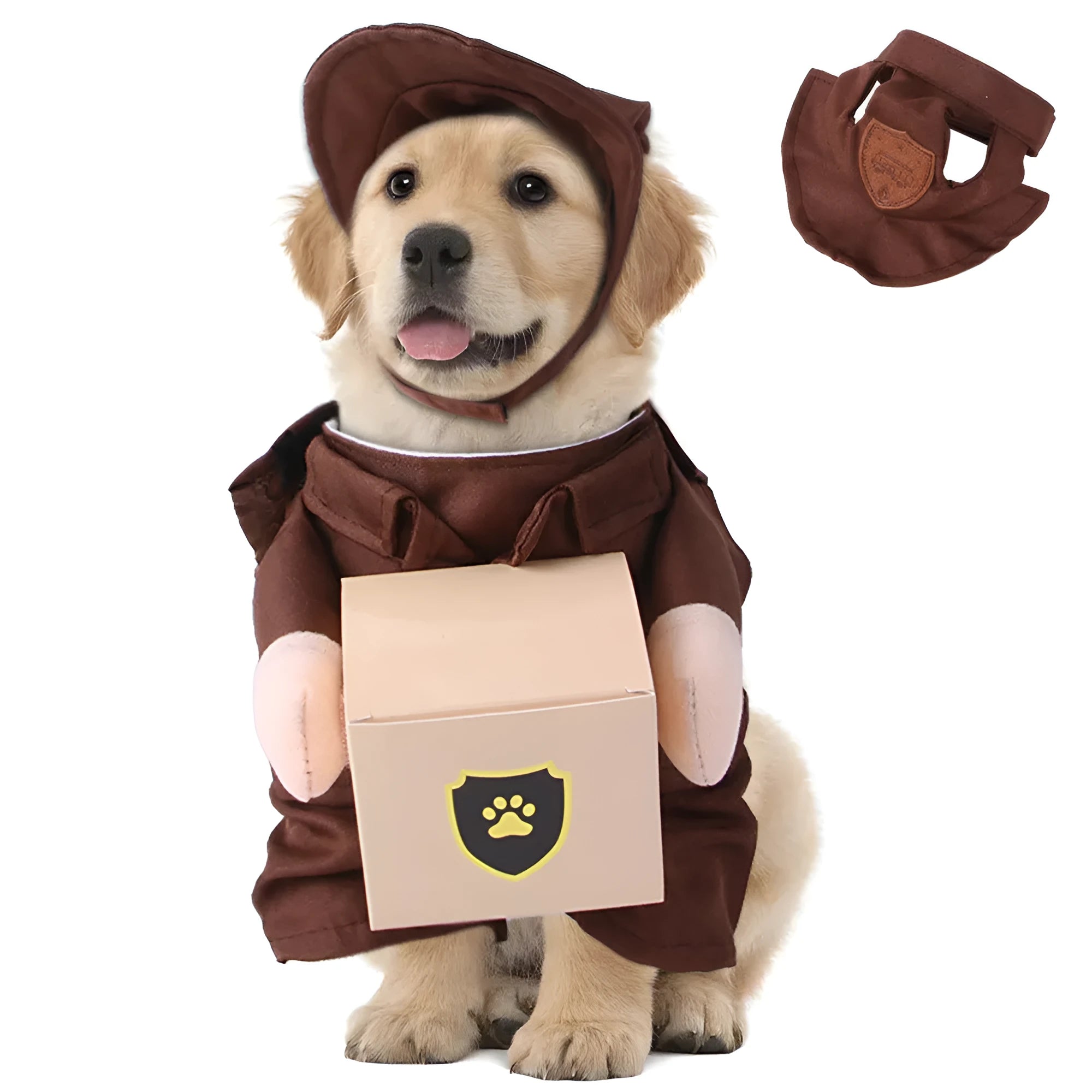 Coffee-coloured courier uniform style dog clothing on a pet, showing the polyester fabric and full outfit design.