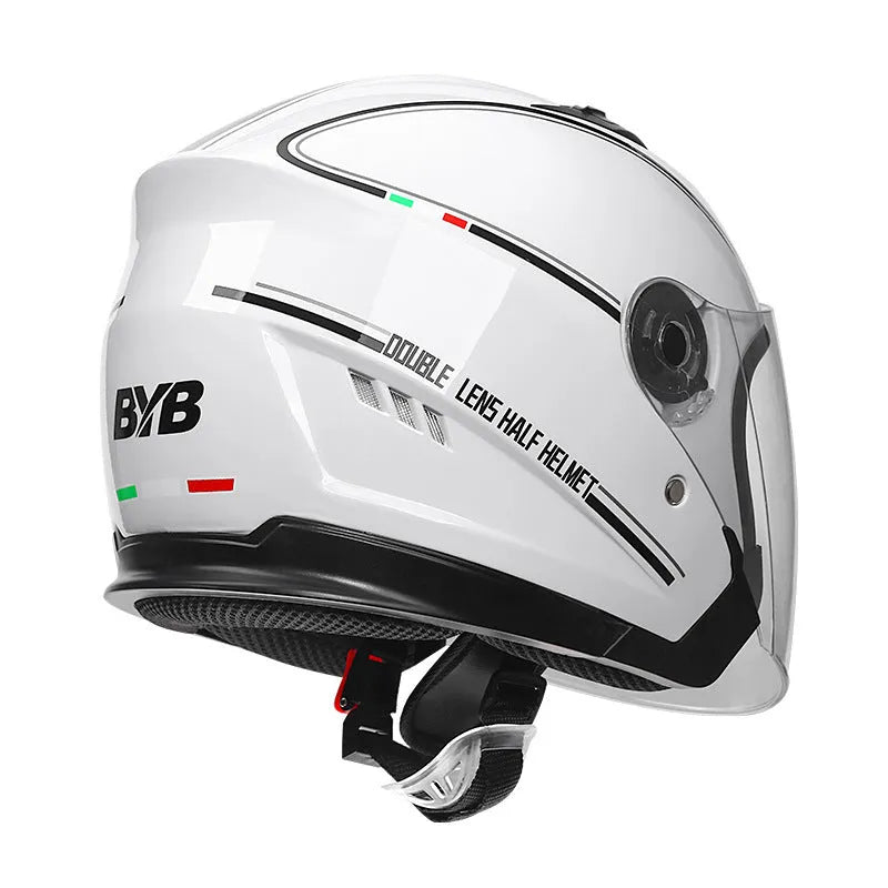 Simple electric bicycle double lens helmet in cement grey, ABS half shell, anti-fog visor, compact 26x23x22cm size