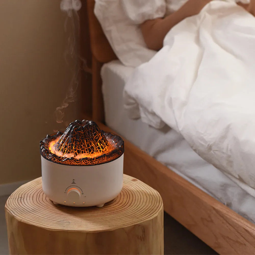White volcano-shaped humidifier with flame effect lighting and remote control