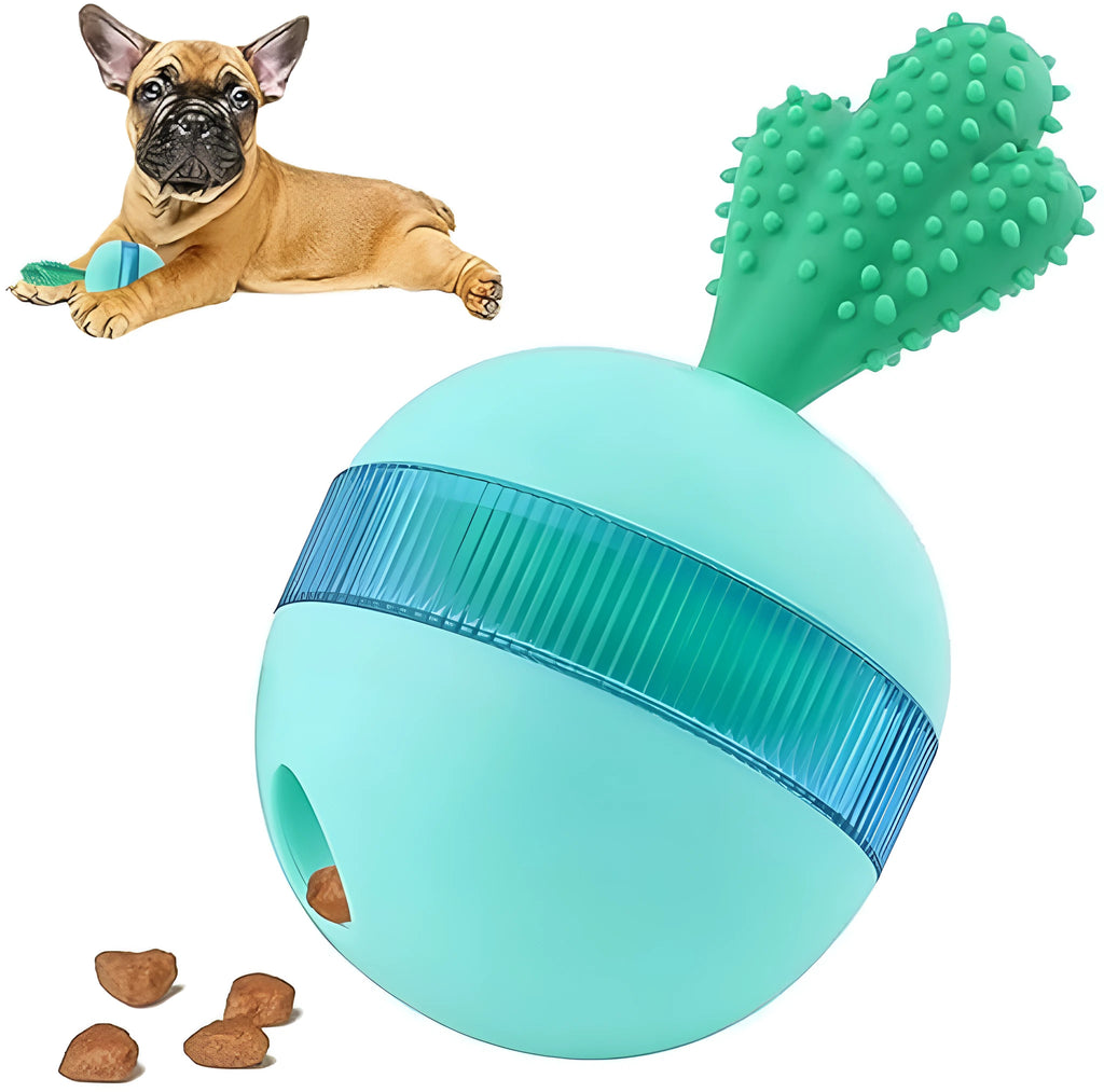 Blue and green durable rubber dog treat dispensing ball toy with small holes