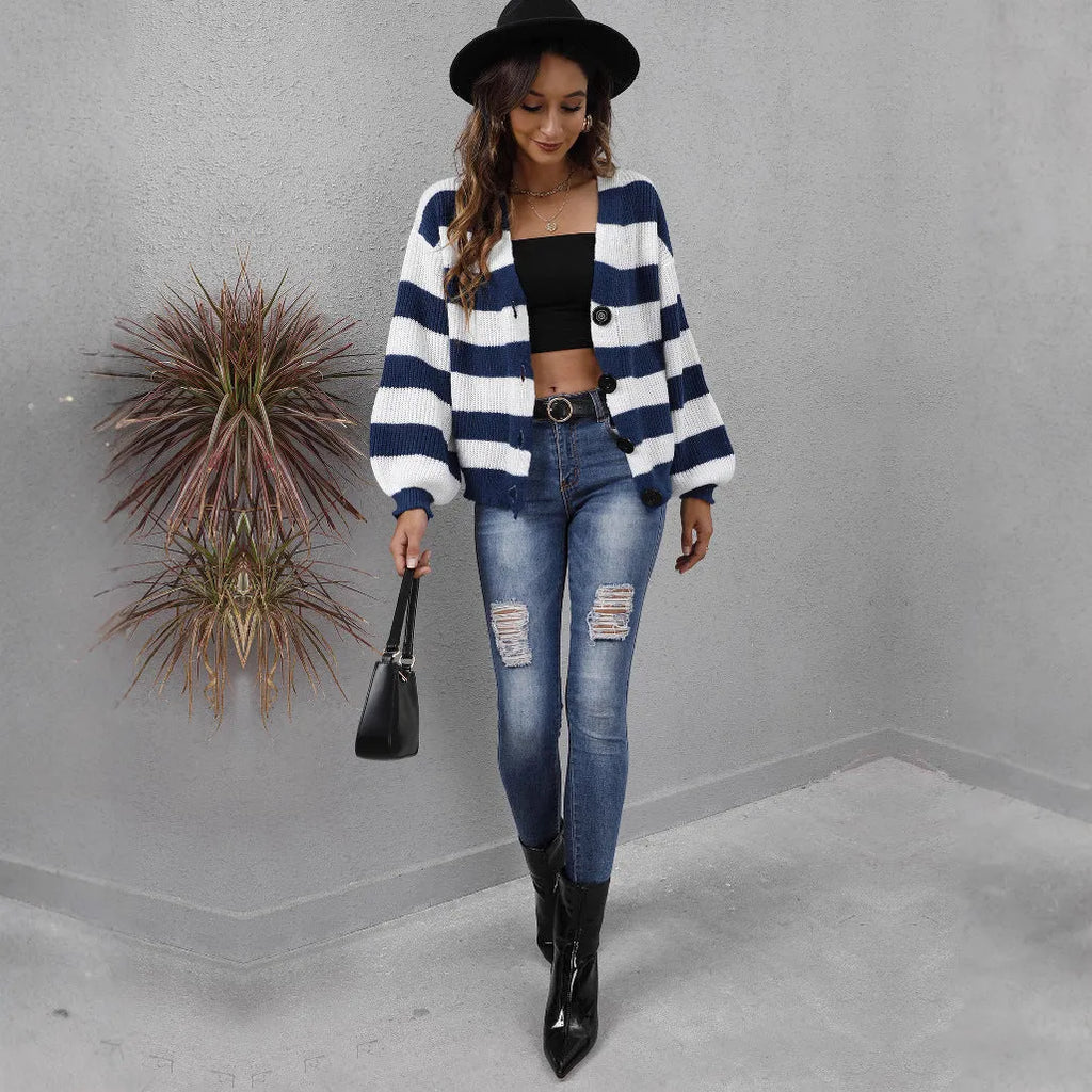 Women's striped button-front cardigan in deer plush fabric available in four colours.