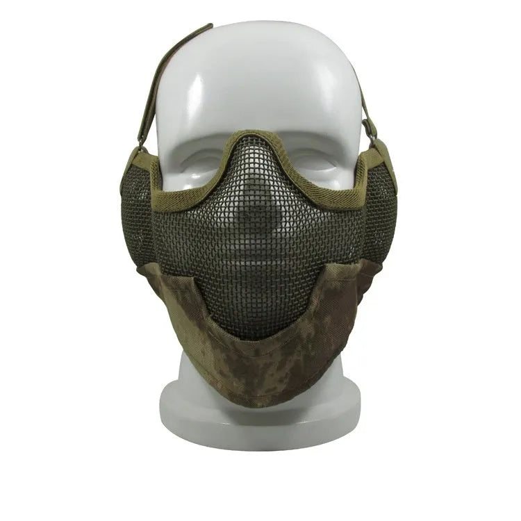 Carbon steel protective face mask in tactical camouflage pattern with head-mounted design for outdoor field defence