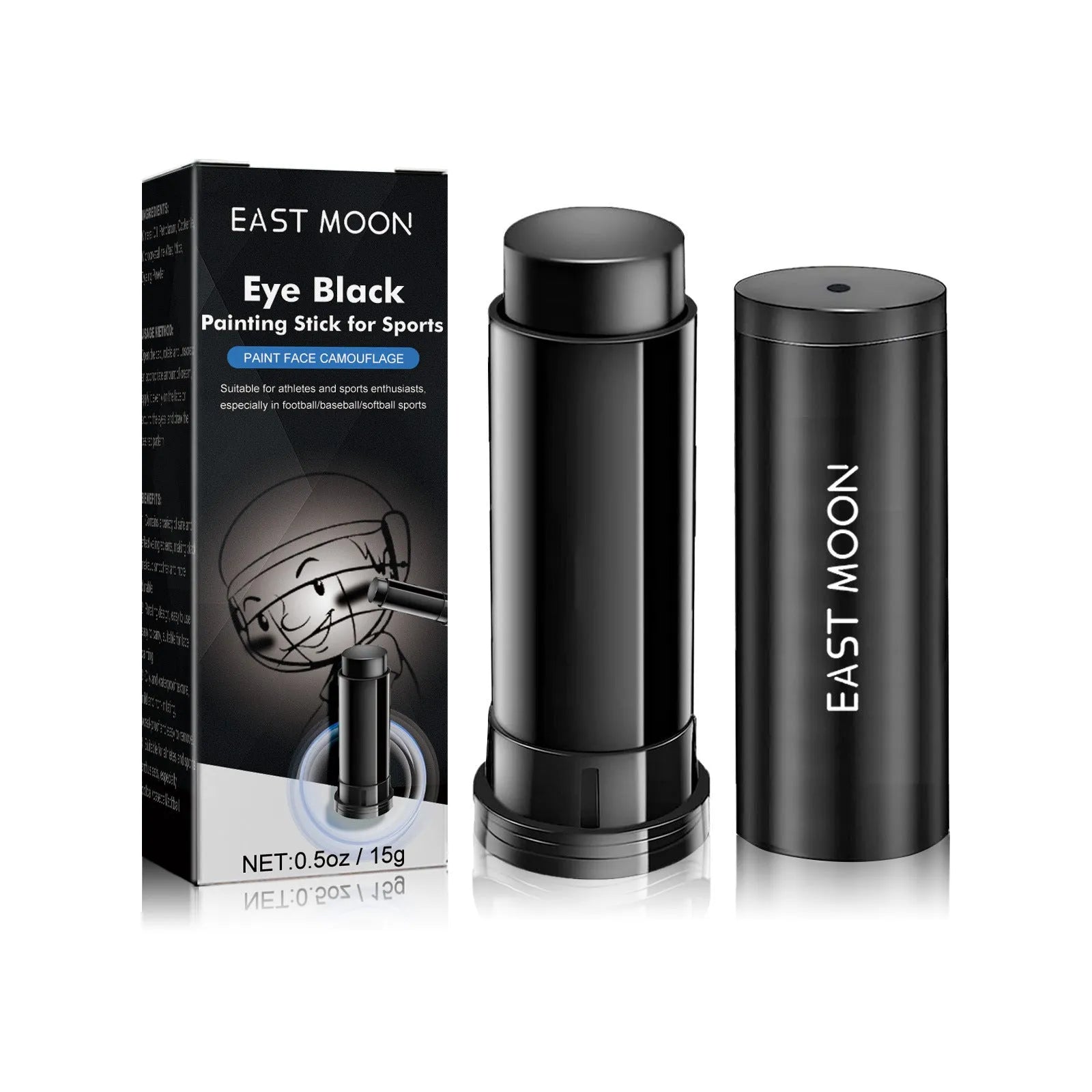 Sports eye black paint stick in compact 8.6cm case for sweat-proof glare reduction.