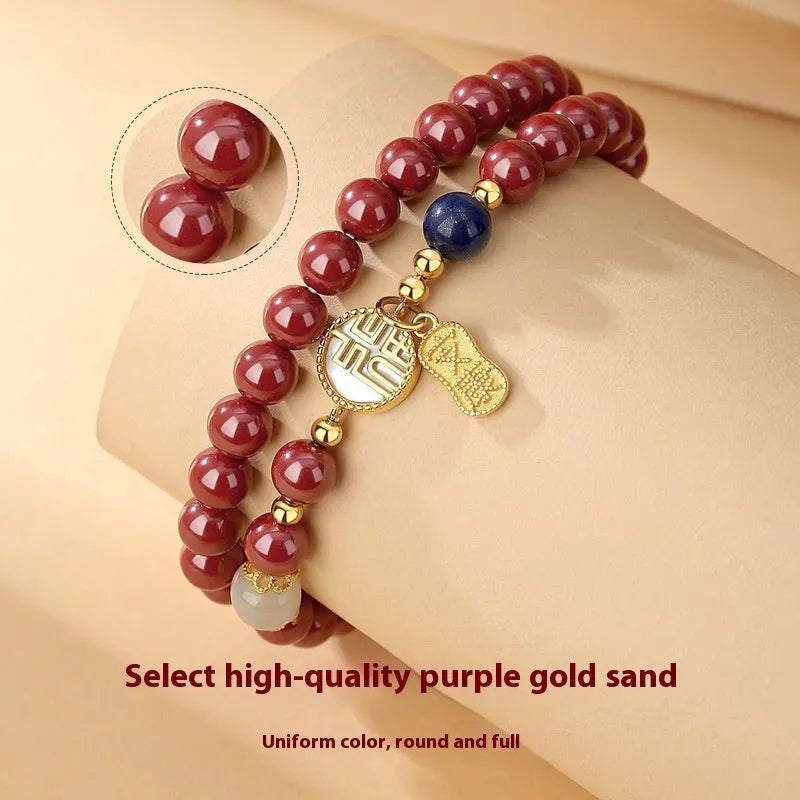 S925 sterling silver bracelet with purple gold sandstone blessing card charm, national style.