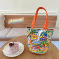 Dream Garden orange plush canvas Thailand artistic bucket bag with double straps and printed details.