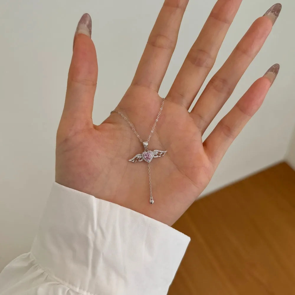 925 silver heart necklace with wings and tassel pendant, platinum colour, 26 x 36mm, for women