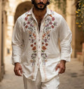 Men's retro style long sleeve cardigan in bamboo linen blend fabric shown in loose fit