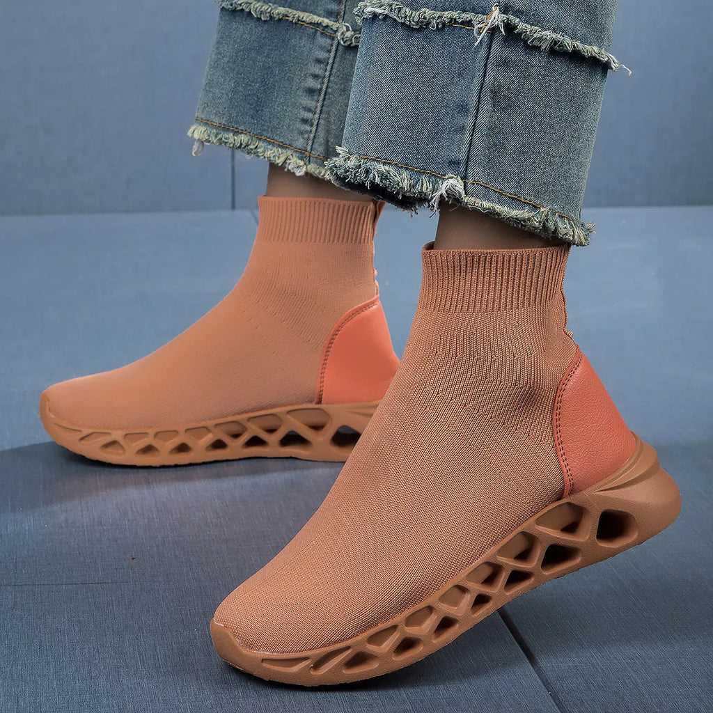 Women's casual mesh slip-on shoes in terracotta colour with round toe and flat sole