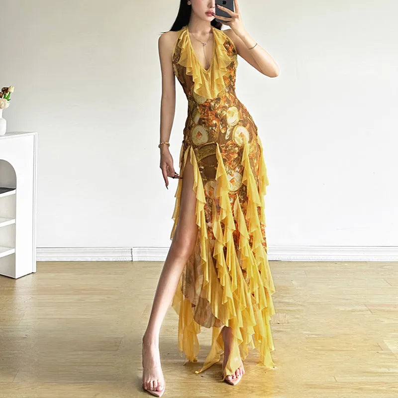 Yellow A-line halter suspender dress with ruffled straps, long length, high waist, women's street fashion