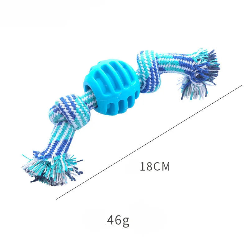 Blue dog chew toy with rope strands and molar cleaning textured surfaces